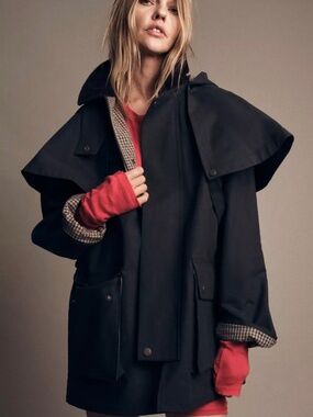 Zara Hooded Contrast Collar Trench Coat ZW Detachable Hood Lagenlook French Girl